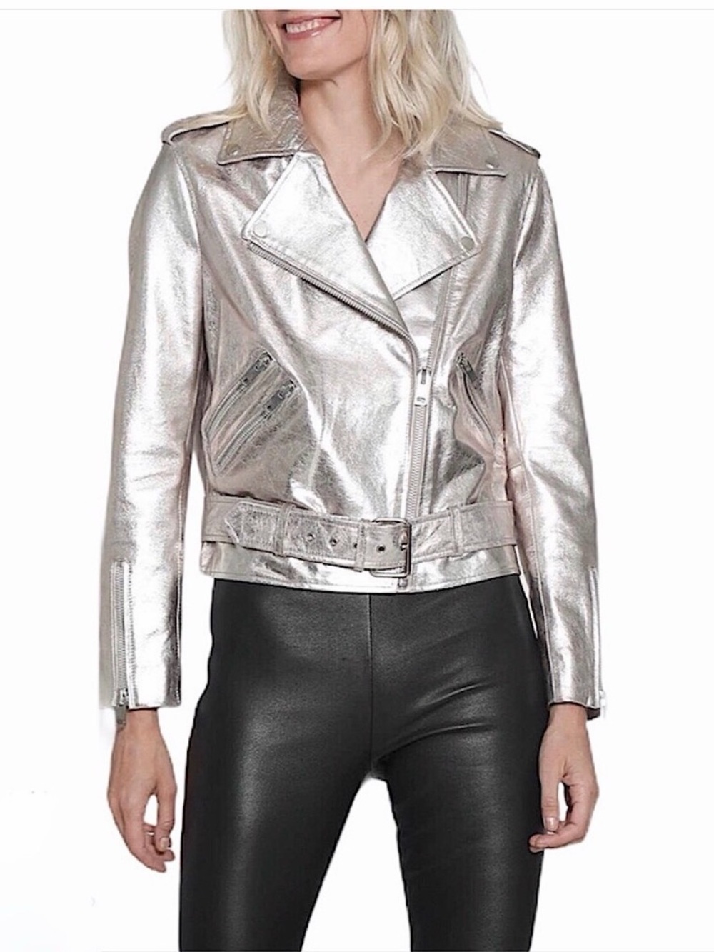 Walter Baker Allison Metallic Silver Leather Moto Biker Jacket. Size XL